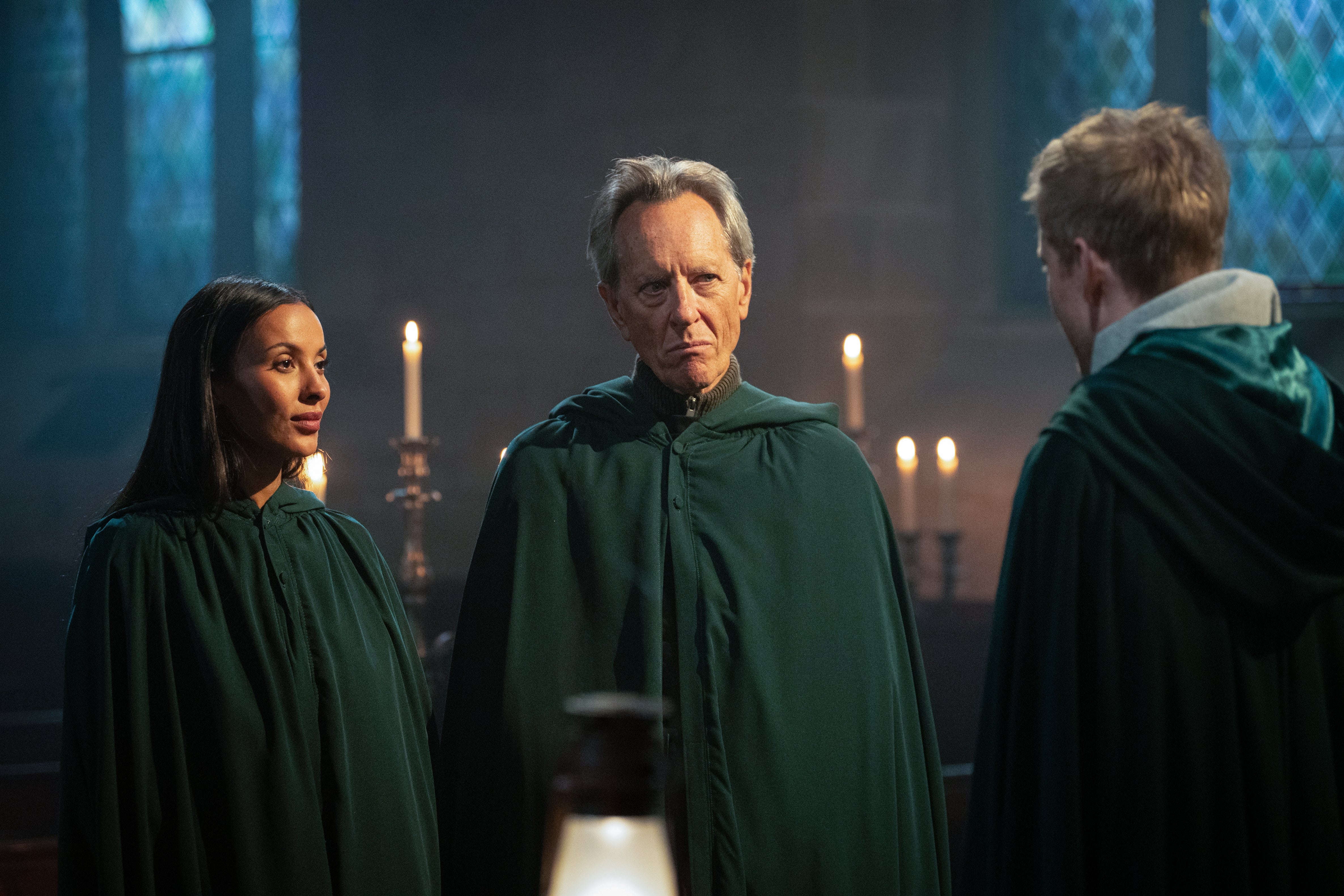 Maya Jama, Richard E Grant and James Acaster, on the second season of The Celebrity Traitors