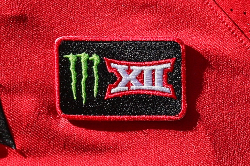 A Texas Tech player wears a Monster/Big 12 patch on his jersey during an NCAA college football game against Sam Houston State, Sept. 26, 2026, in Lubbock, Texas