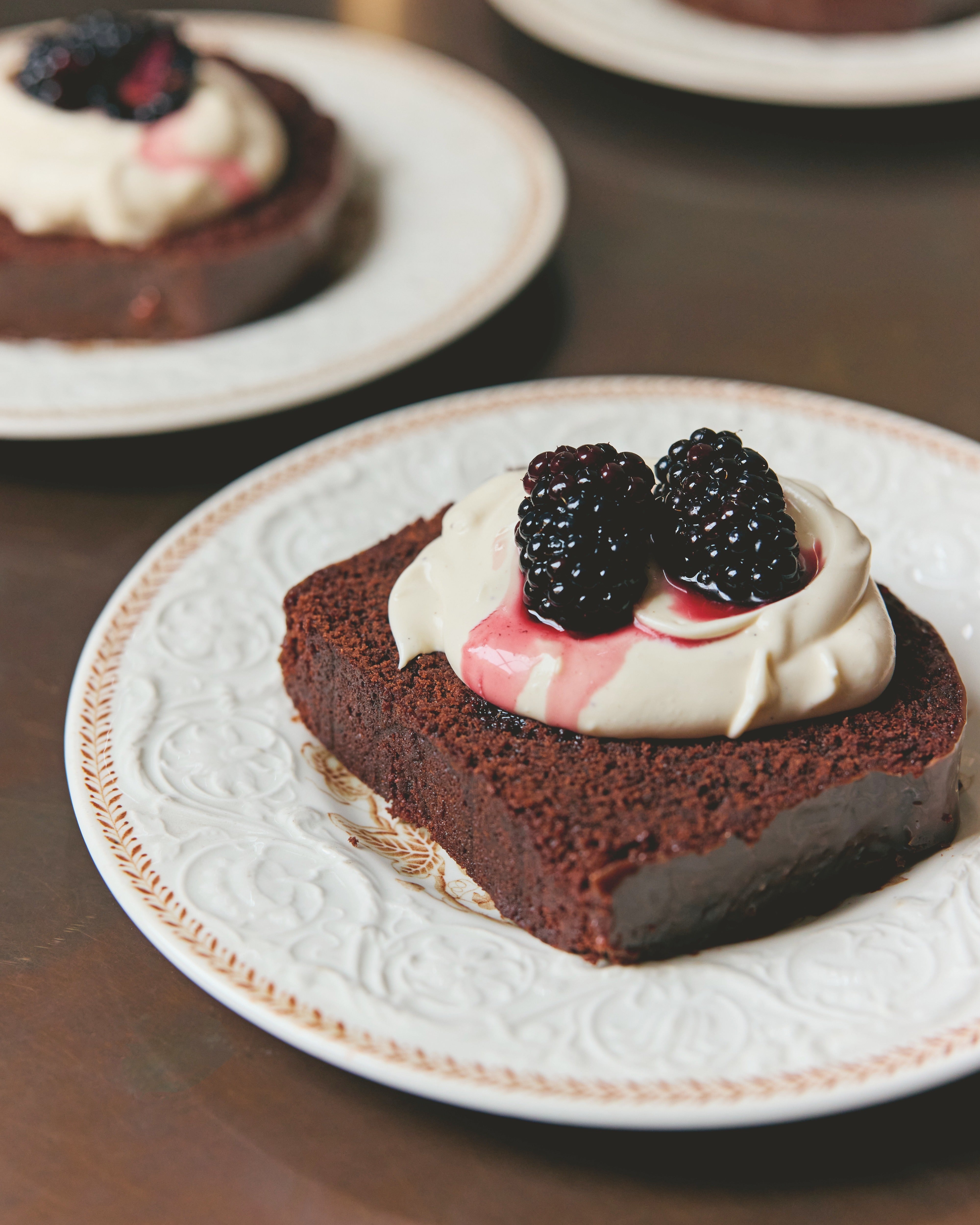 Guinness runs through Bhogal’s rich chocolate cake, finished with Irish cream, chocolate glaze and boozy blackberries