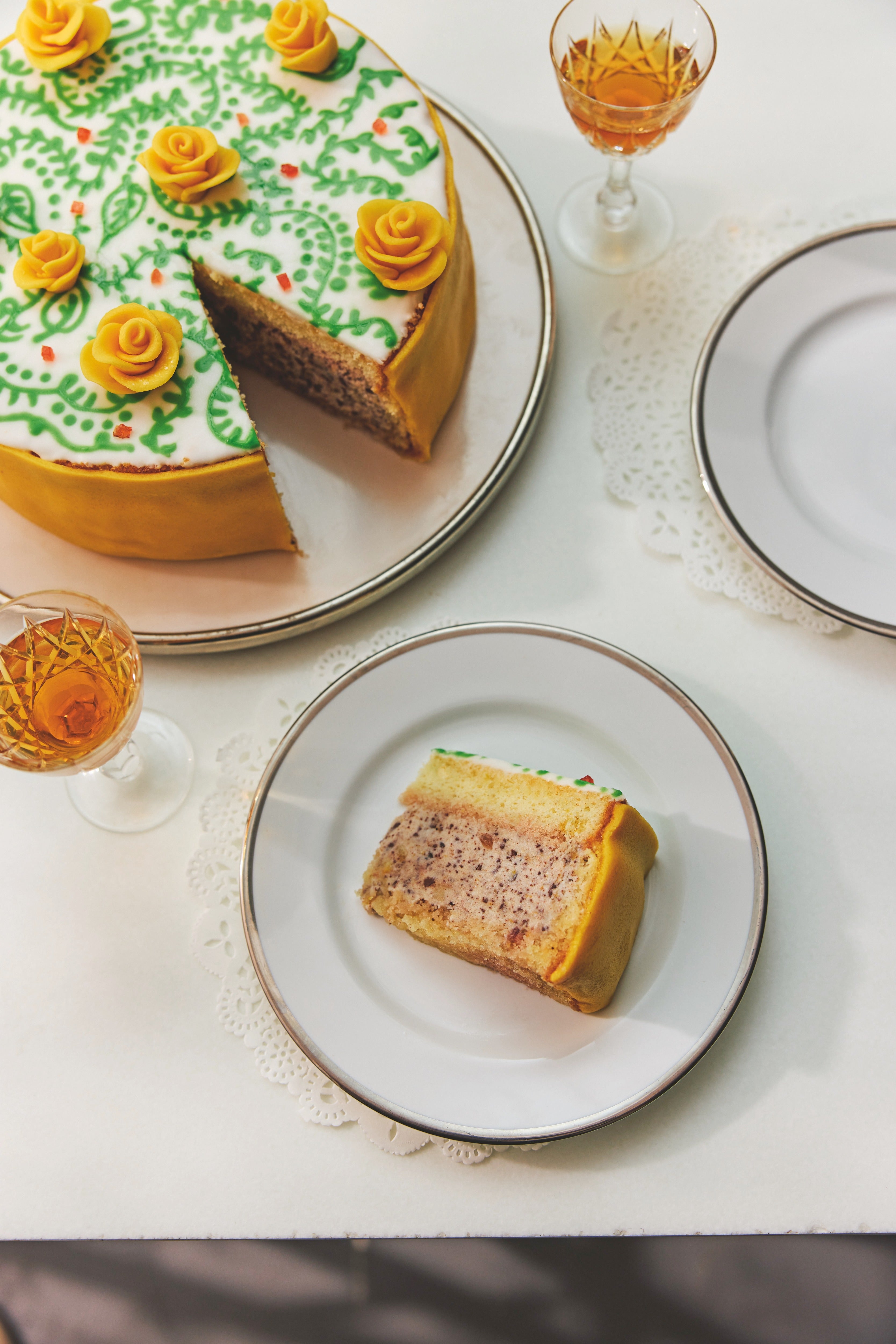 Bhogal’s Sicilian cassata layers lemon sponge with maraschino syrup, chocolate and orange ricotta, marzipan and royal icing