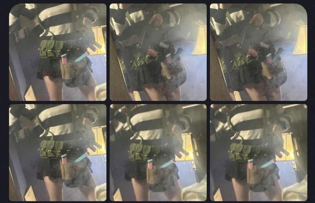 Items such as ammunition pouches are modelled by 18-year-old Jesse Van Rootselaar, who had suffered mental health problems, killed her mother and stepbrother in February 2026 before shooting a teacher and five young students at a school in Tumbler Ridge