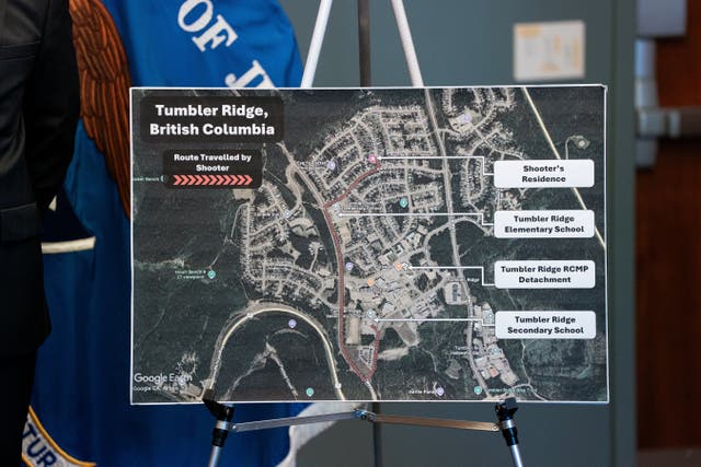 A map shows areas related to the Tumble Ridge investigation as authorities announce the arrest of a 30 year old Washington state person on a charge of conspiracy to murder persons in a foreign country, stemming from the February 2026 Tumbler Ridge, British Columbia