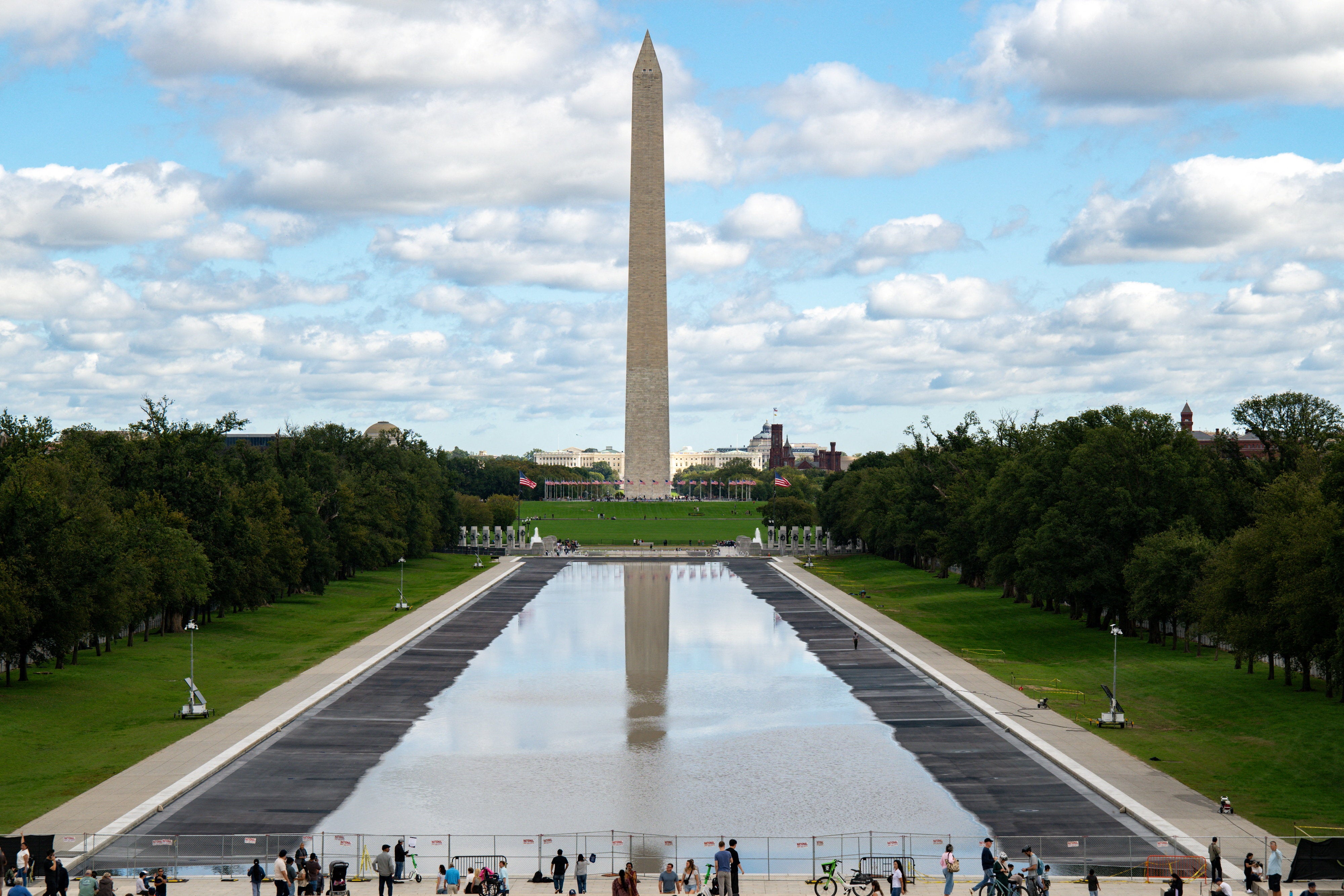 A ‘failure analysis’ found more than 85 damage points at the Lincoln Memorial Reflecting Pool that compromised a recently applied blue liner after Donald Trump pushed for renovations this summer (Reuters)