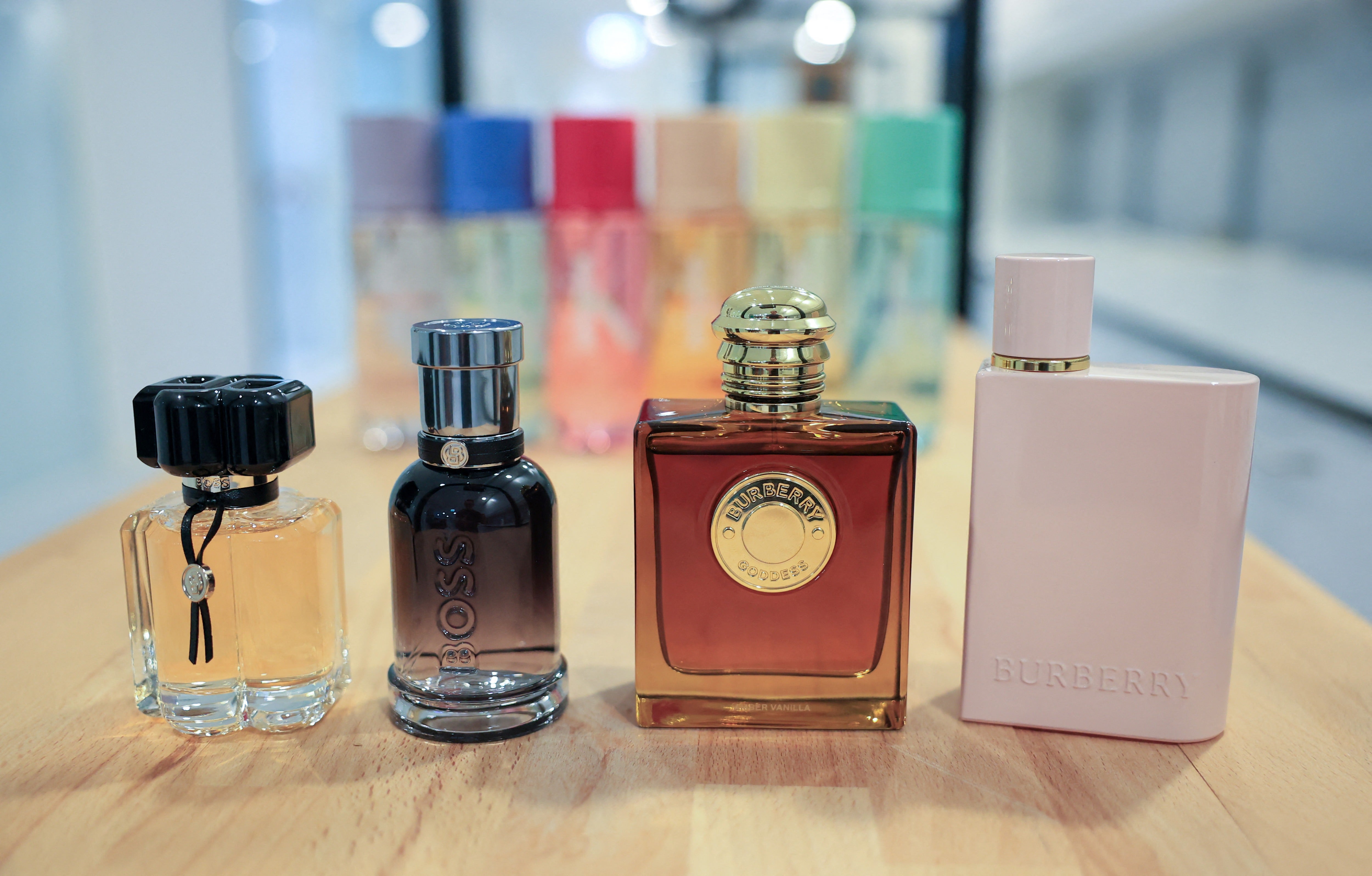 Bottles of Boss Beyond For Her, Beyond For Him, Burberry Goddess and Elixir de Parfum at the fragrance maker Coty in Versoix near Geneva, Switzerland