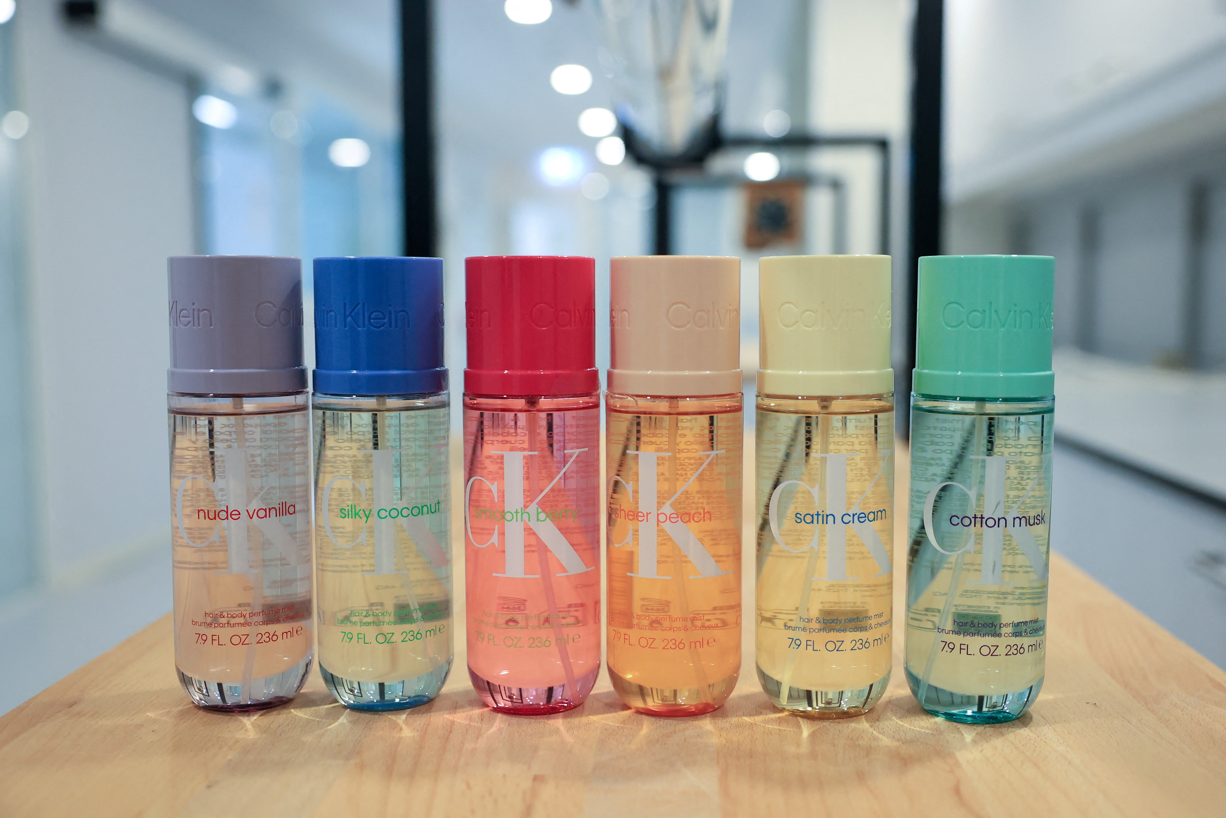 Bottles of Calvin Klein Mist fragrances at the fragrance maker Coty in Versoix near Geneva, Switzerland