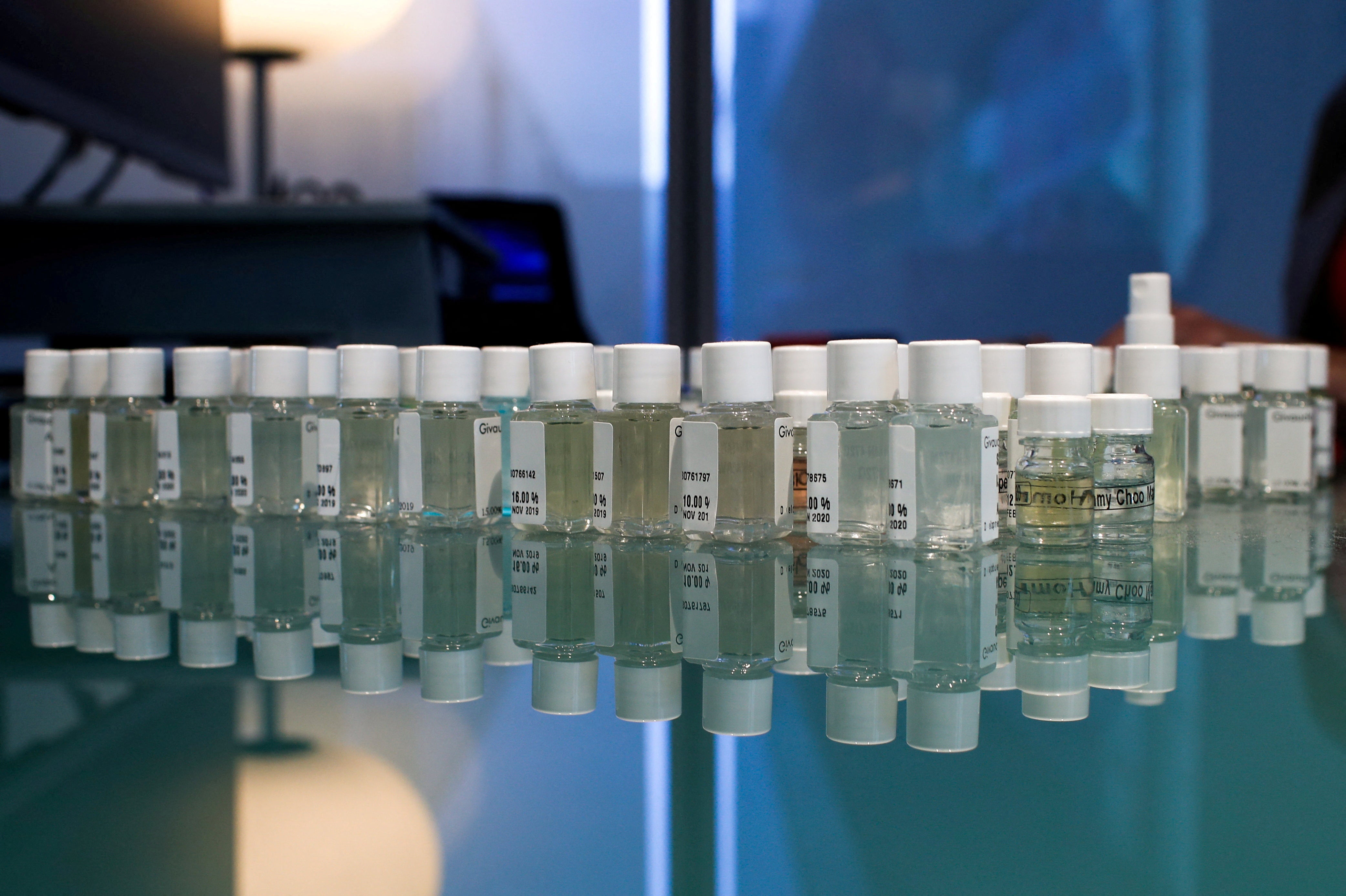Bottles containing fragrances in a laboratory of Givaudan in Paris, France