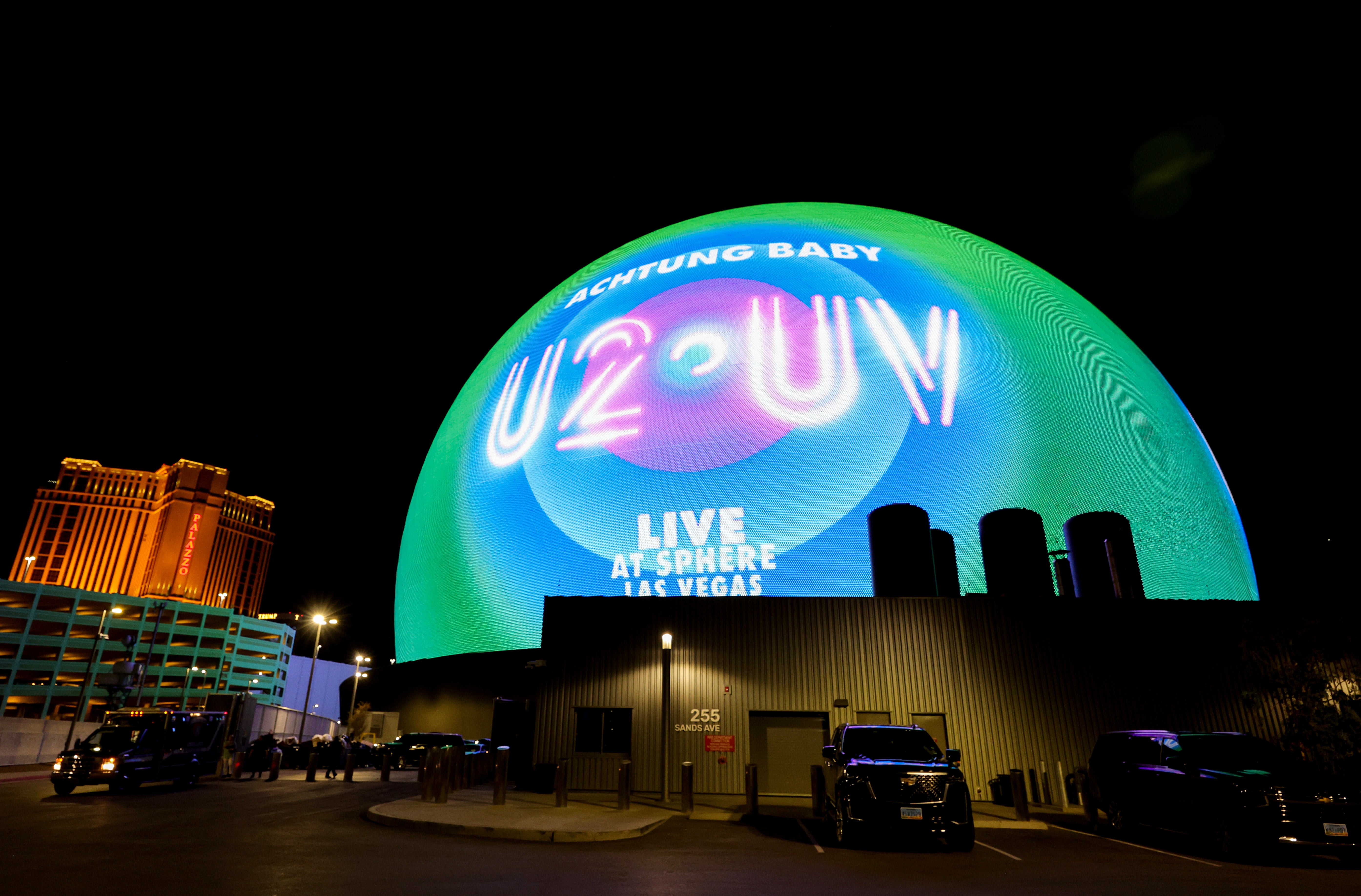 The Las Vegas Sphere displays the name of the band U2's residency 