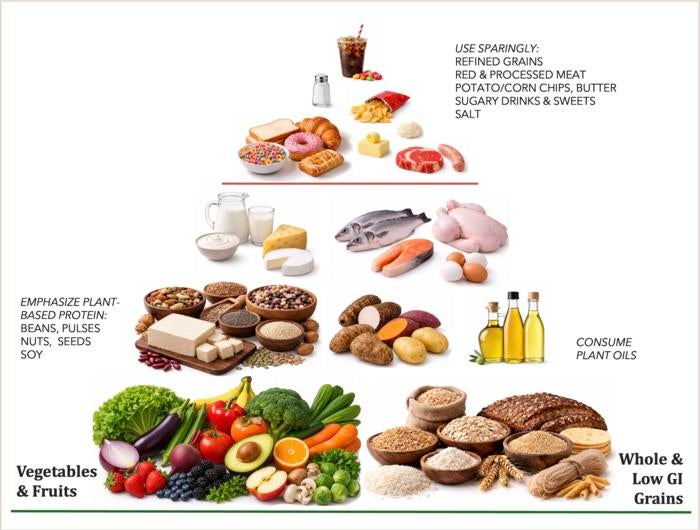 The new international pyramid places vegetables, fruits and whole, low-glycemic-index grains at its base. The pyramid also emphasizes plant-based protein and oils and recommends limiting refined grains, processed meats and sugary drinks