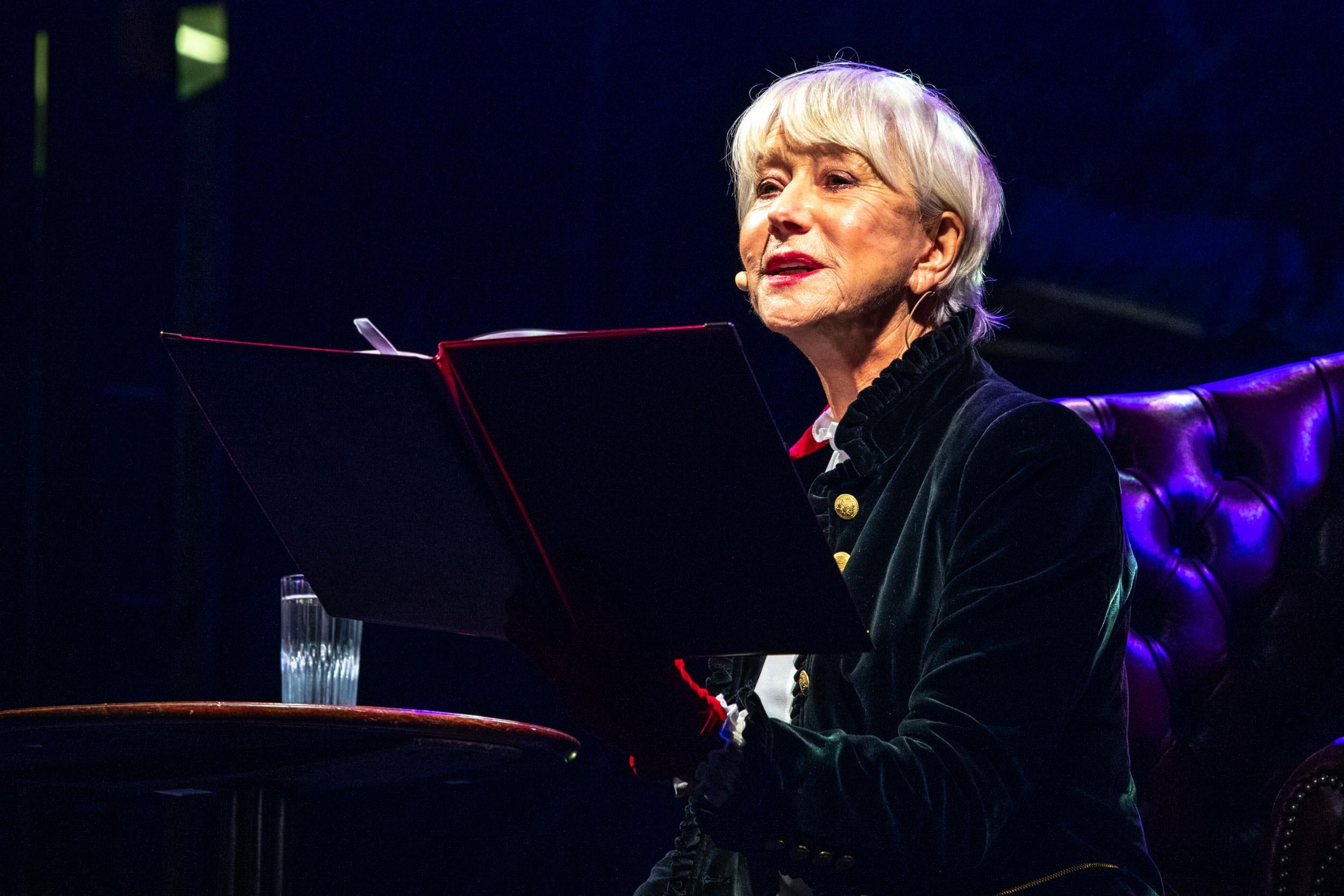 World's Big Sleep Out: Helen Mirren reads a bedtime story at the World's Big Sleep Out at Trafalgar Square in London.