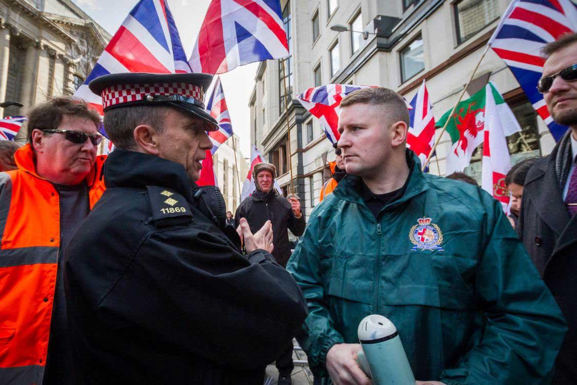 Paul Golding leader of Britain First right-wing patriot group outside Old Bailey court in London.