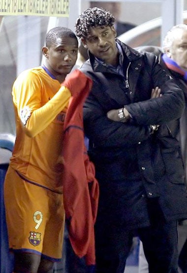 Eto'o and manager Frank Rijkaard before their falling out