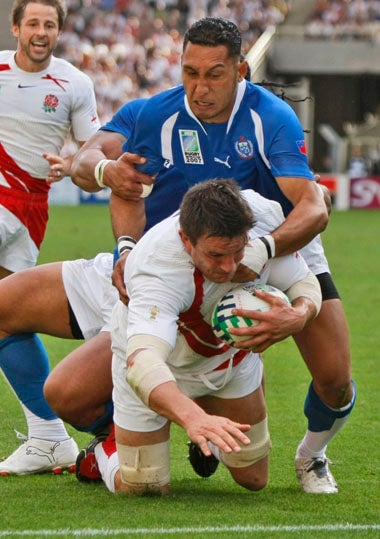 Corry goes over for one of his two tries against Samoa