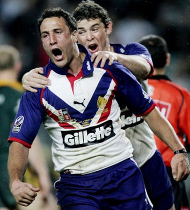 Gilmour celebrates after scoring against Australia