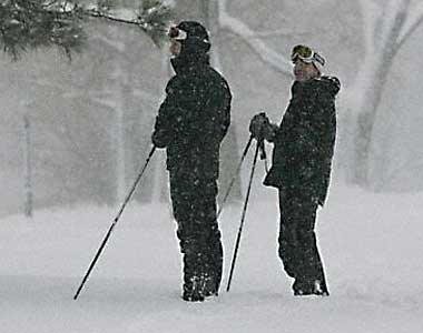 Two skiers in Prospect Park, New York