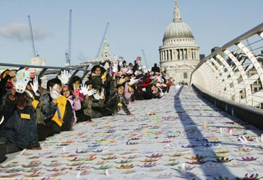 Every little helps: schools help raise money for Children in Need on London's Millennium Bridge