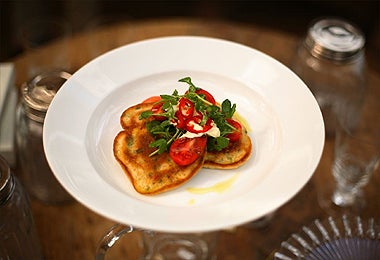 Roasted onion squash, beetroot, mozzarella and basil oil. © Lisa Barber