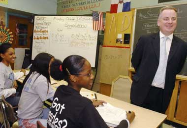 Scotland's First Minister Jack McConnell visiting a school in the Bronx, New York