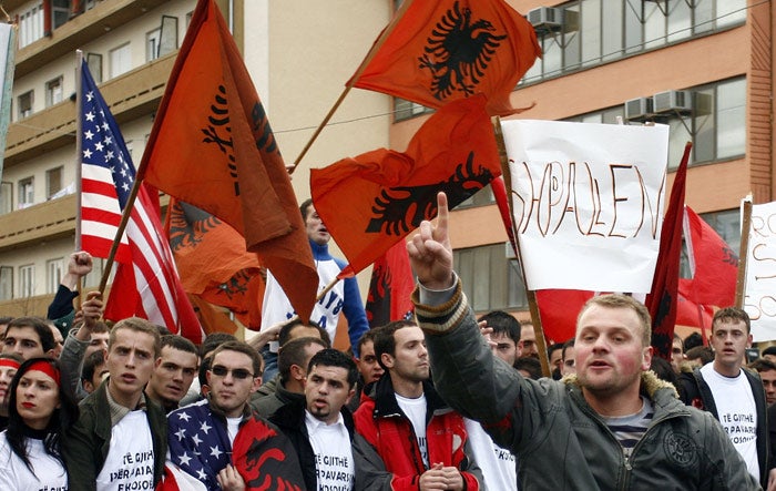 Kosovo Albanians during a rally for an immediate declaration of independence