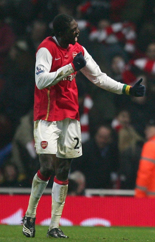 Adebayor celebrates scoring his 19th league goal of the season against Blackburn on Monday night