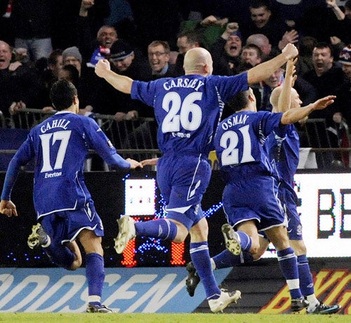 Everton players celebrate their opening goal