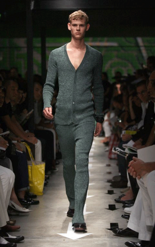 Prada teamed their cardigans with matching knitted trousers in their Spring 2008 collection © AFP Getty