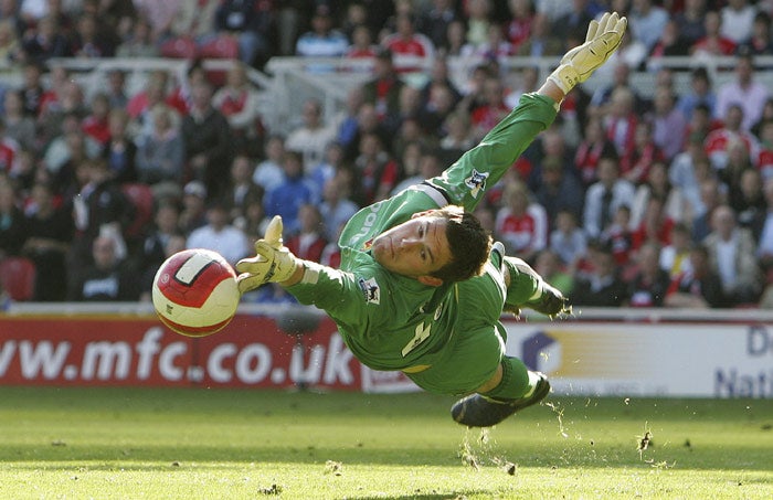 Foster demonstrates his excellent reflexes in goal during his loan spell at Watford last season