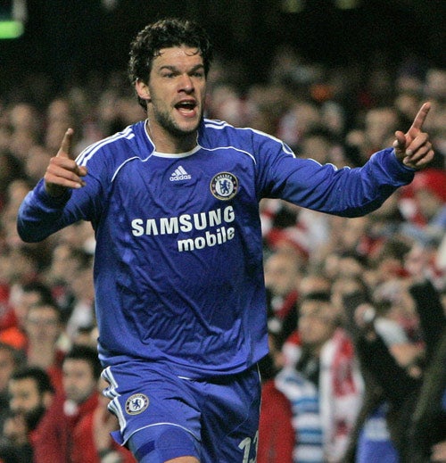 Michael Ballackcelebrates during Chelsea's 3-0 victory over Olympiakos at Stamford Bridge last night