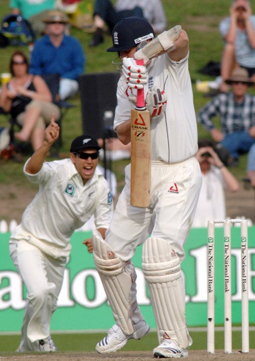 England's failed nightwatchman, Matthew Hoggard, is caught behind for just two runs