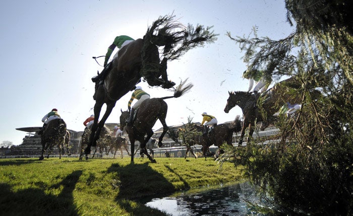 Mon Mome (green silks, foreground) takes the water jump in front of the packed Aintree grandstands