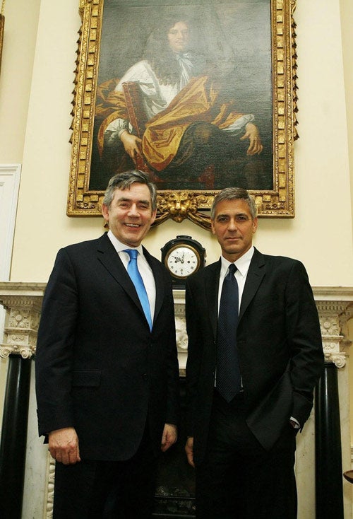 George Clooney meets Prime Minister, Gordon Brown at Downing Street