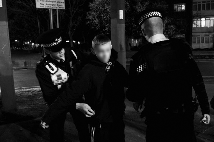 The British Transport Police deploy a metal-detecting search arch during an Easter weapons sweep at Croydon train station © Kalpesh Lathigra