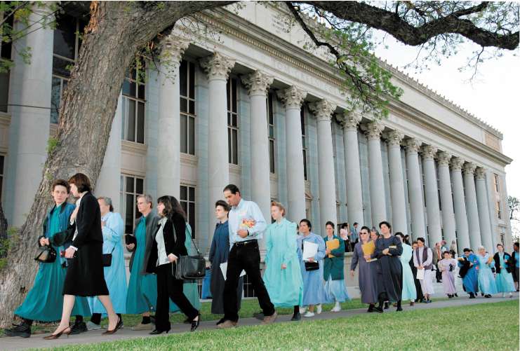 Members of the Fundamentalist Church of Jesus Christ of Latter Day Saints outside the Texas courthouse on Friday after the judge ruled that 416 children were to remain in care for now