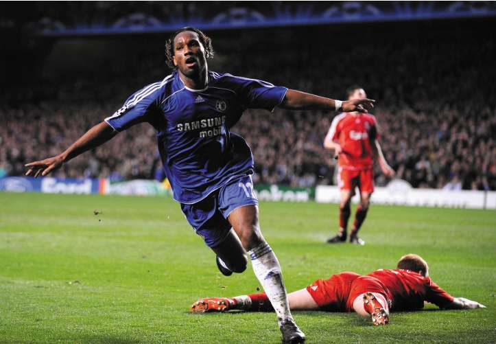 Drogba celebrates at Stamford Bridge last night