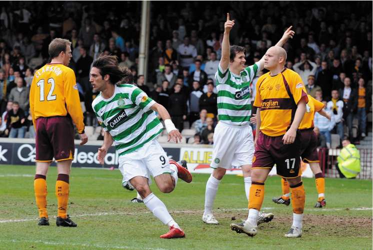 Celtic's Georgios Samaras turns away to celebrate his winning goal against Motherwell