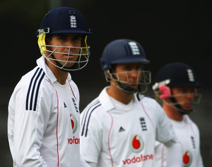 England's Kevin Pietersen, Michael Vaughan and Ian Bell look on during a practice session yesterday ahead of today's first Test against New Zealand at Lord's