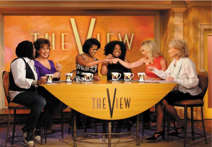 Michelle Obama (third left) on the set of The View with Whoopi Goldberg and Barbara Walters