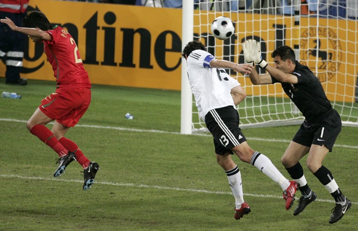 Ballack (centre) scores to put Germany back in control last night