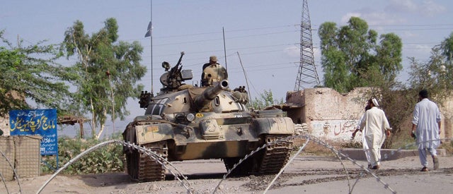 Pakistani soldiers patrol near Bara, a town in the Khyber tribal region near the Afghan border