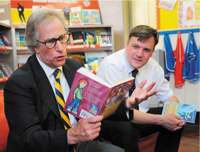 Henry Winkler and Ed Balls on their school visit yesterday