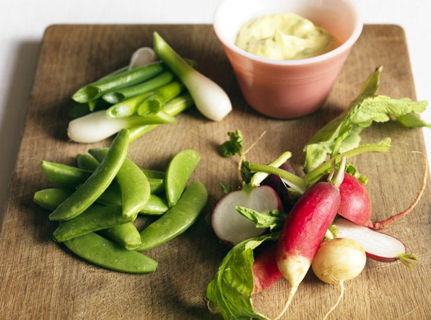 Arrange the salad mixed or in individual piles on plates with the dip in a pot or spooned on to the plate