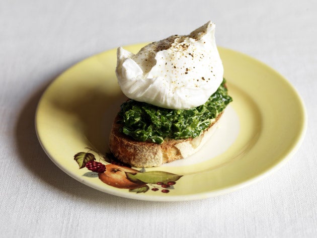 To serve, spoon the creamed sea spinach on the toast; place the egg on top