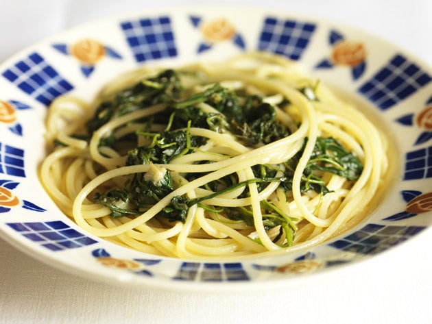 Garden greens are great just wilted and tossed into pasta with butter, garlic and olive oil