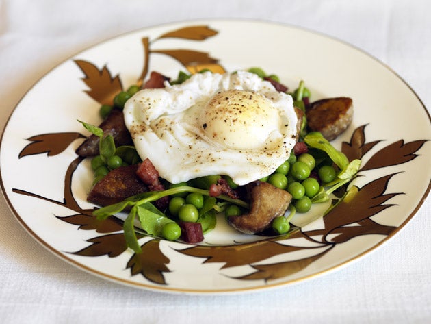 This recipe is a take on the French salad frisée aux lardons but using pea shoots and pieces of monkfish liver instead