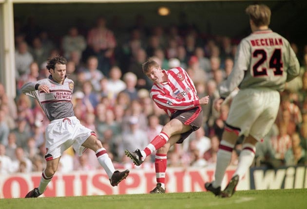 Matt Le Tissier fires in a goal against Manchester United (Getty)