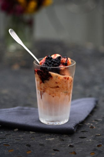 To serve, spoon into chilled glasses and top with the blackberries