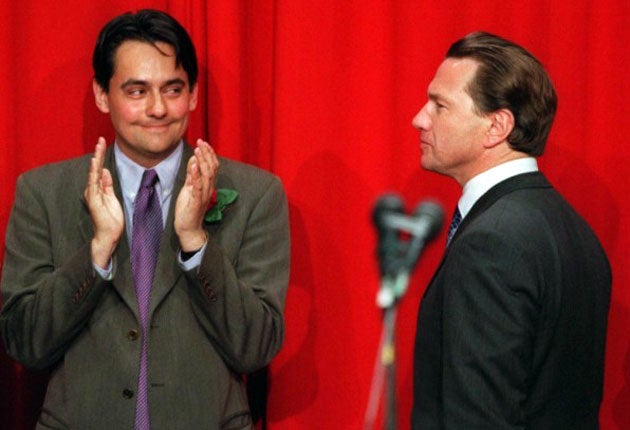 Labour's Stephen Twigg celebrates ousting Tory incumbent Michael Portillo from his Enfield Southgate seat in 1997