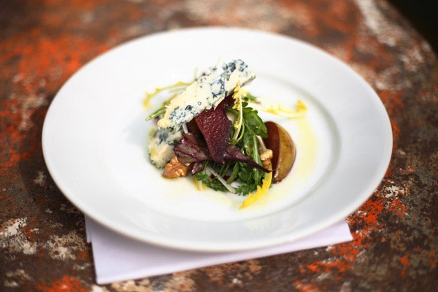 The pears in this salad are pickled in red wine, a few herbs and a little sugar