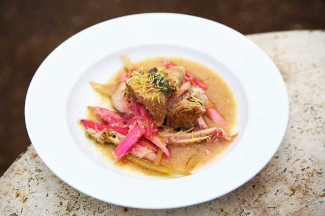 The sharp bite of the rhubarb balances its richness of the pork