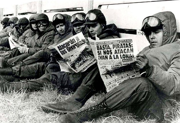 Argentininan troops in Port Stanley during the Falklands War, April 1982