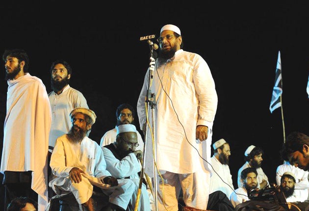 Hafiz Saeed addresses a rally held to show solidarity with Muslims in Kashmir in Islamabad in 2008